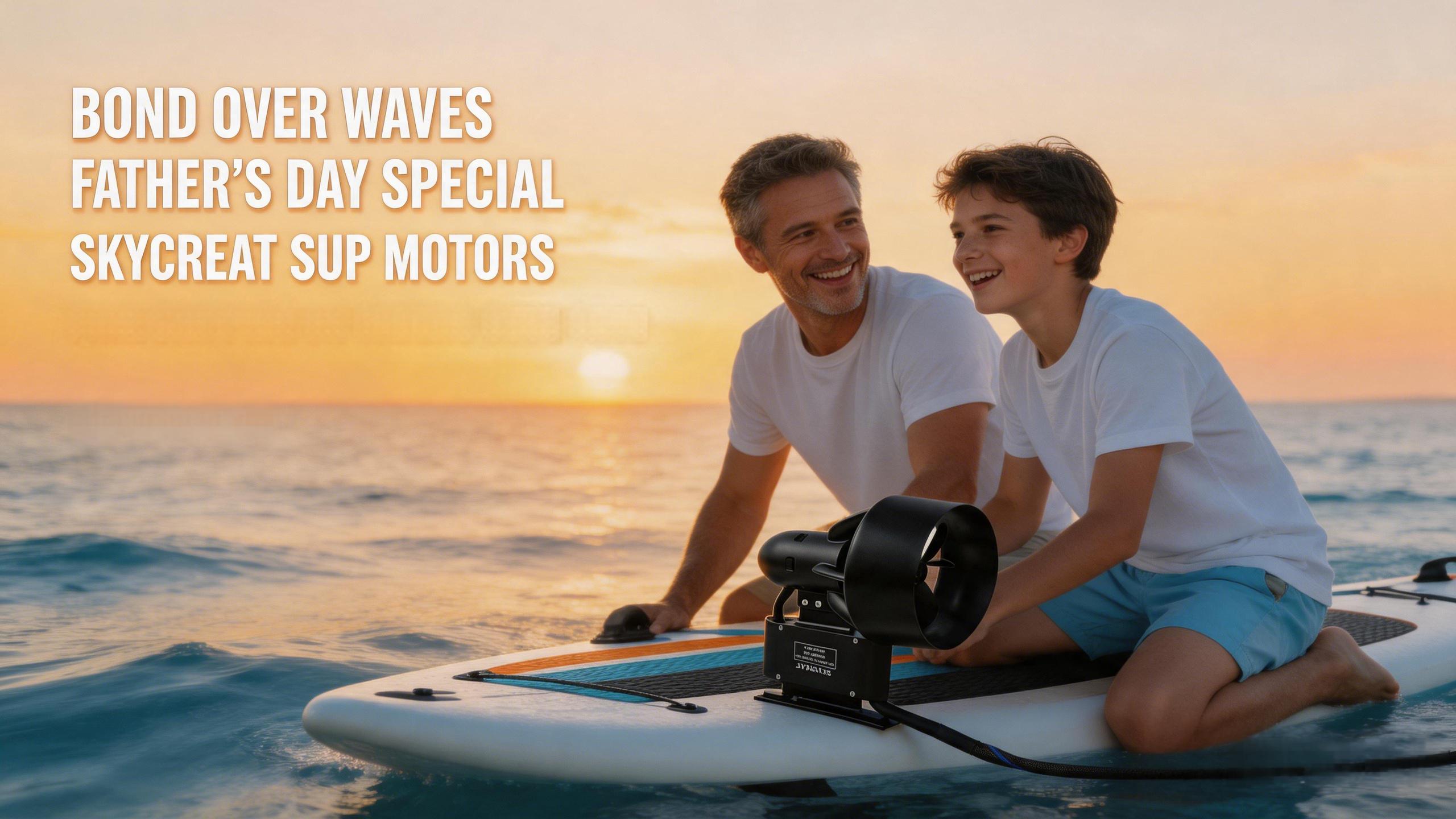 Man and child on a surfboard with Skycreat SUP Motors during sunset, Father's Day Special promotion text.